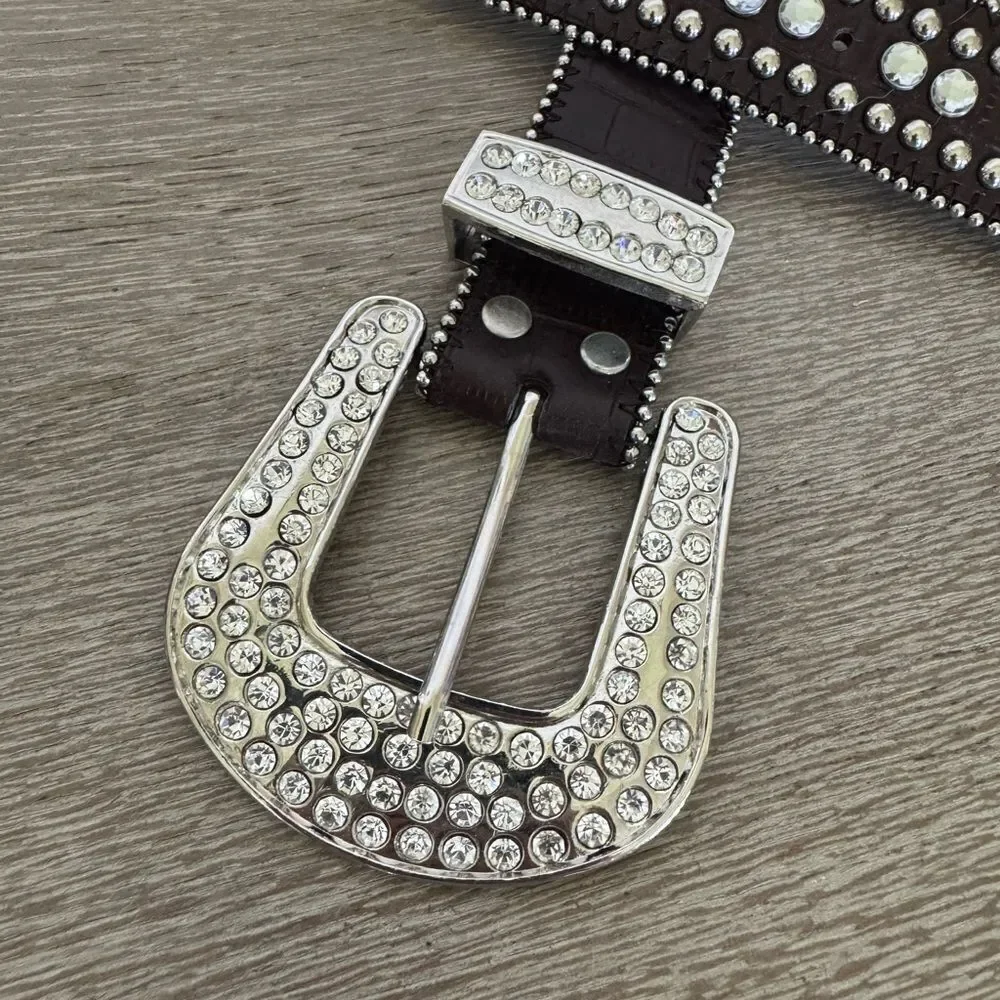 Crystal Rhinestone Silver Buckle Brown Cross Belt S/M